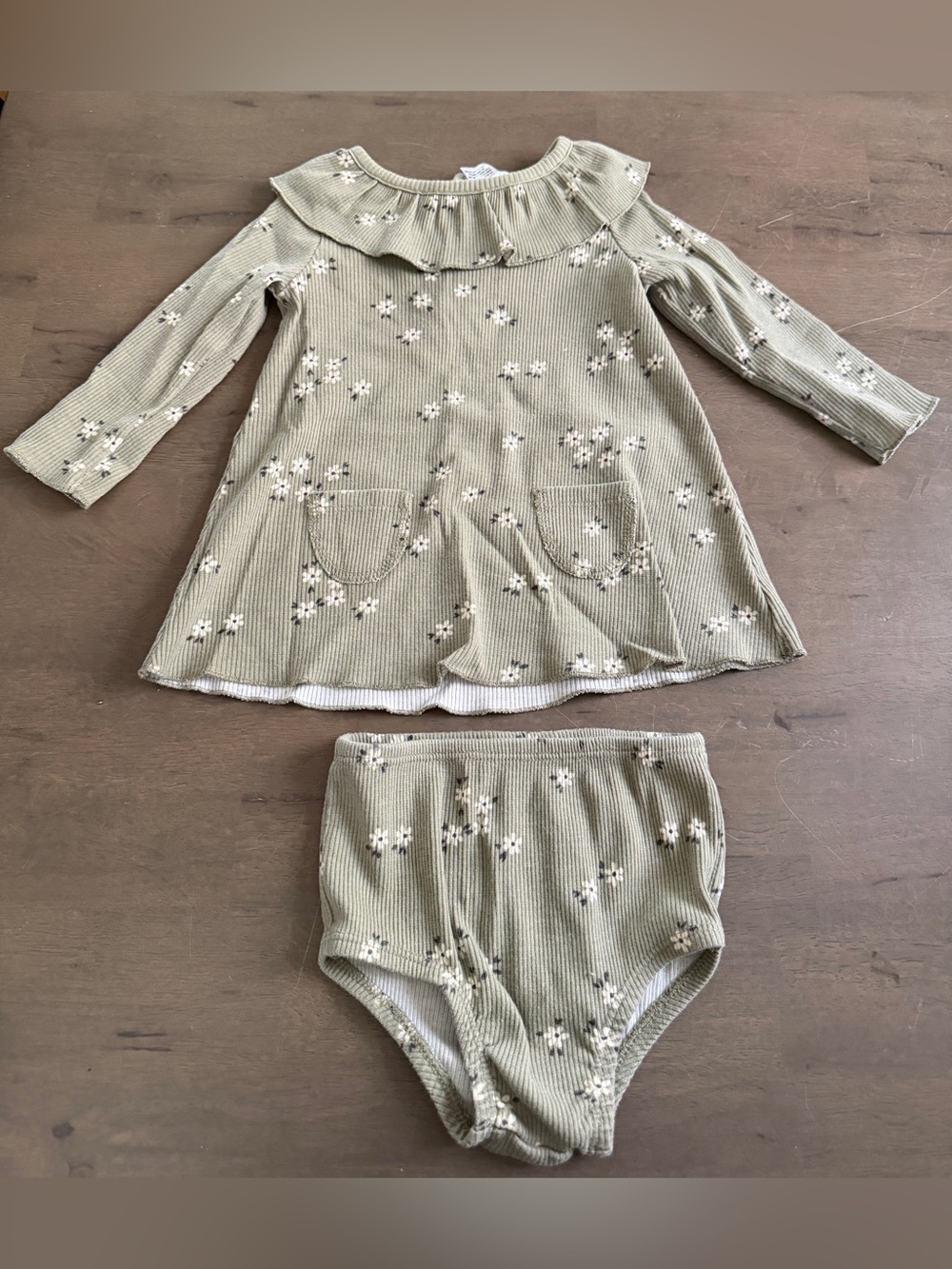 Olive Floral Ruffle-Neck 2pc Dress/Bloomer Set
